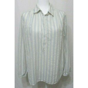 Chaps Womens Top Button Up Cotton Cream Blue Stripes Long Sleeve Blouse
